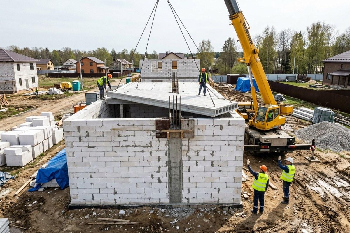 Монтаж плит перекрытия на стены из автоклавного газобетона с армопоясом